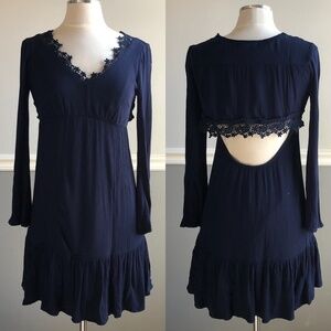 Socialite Navy Open Back Long Sleeved Dress, XS